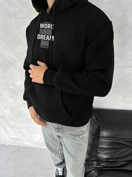 Kışlık Üç İplik Kapüşonlu SweatShirt - Siyah