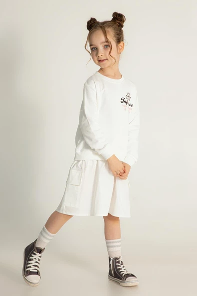 Kız Çocuk Cepli Beyaz Elbise - Resim 5