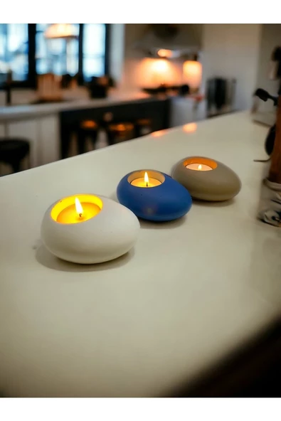 Three Drops Minimal Dekoratif Beton Tealight Mumluk 3'lü Set | Beyaz-Mavi-Vizon |