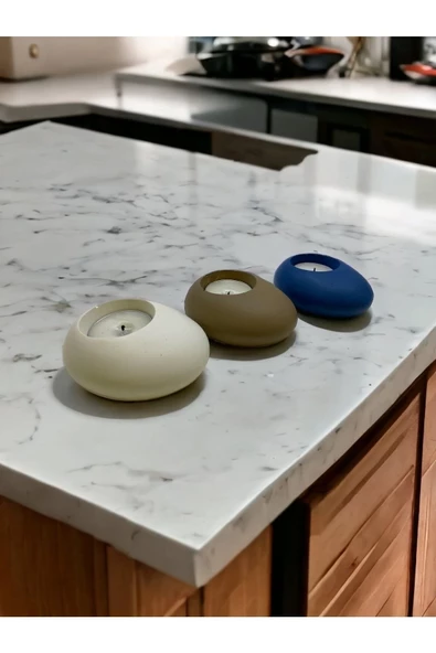 Three Drops Minimal Dekoratif Beton Tealight Mumluk 3'lü Set | Beyaz-Mavi-Vizon | - 3
