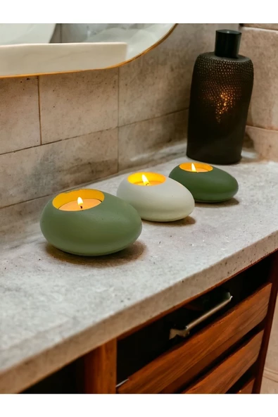 Three Drops Minimal Dekoratif Beton Tealight Mumluk 3'lü Set [ Mint Yeşil-Beyaz-Avokado ] - 2