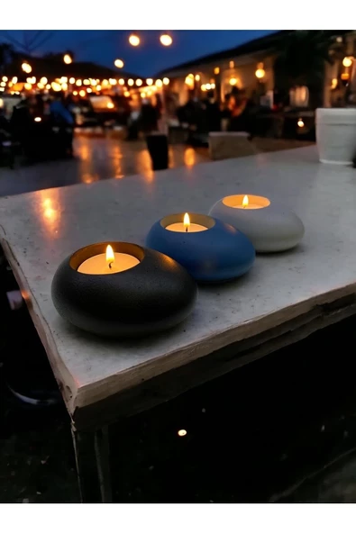 Three Drops Minimal Dekoratif Beton Tealight Mumluk 3'lü Set | Siyah-Mavi-Gri | - 2