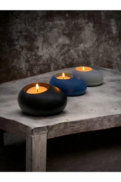 Three Drops Minimal Dekoratif Beton Tealight Mumluk 3'lü Set | Siyah-Mavi-Gri | - 4