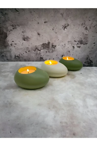 Three Drops Minimal Dekoratif Beton Tealight Mumluk 3'lü Set [ Mint Yeşil-Beyaz-Avokado ] - 3
