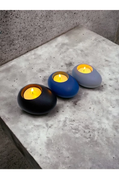 Three Drops Minimal Dekoratif Beton Tealight Mumluk 3'lü Set | Siyah-Mavi-Gri | - 3