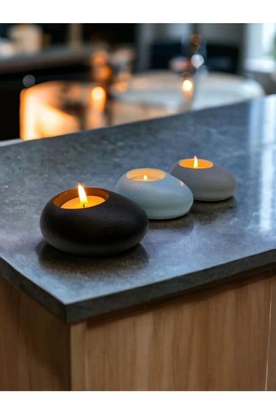 Three Drops Minimal Dekoratif Beton Tealight Mumluk 3'lü Set [ Siyah-Baby Blue-Gri ] - 4