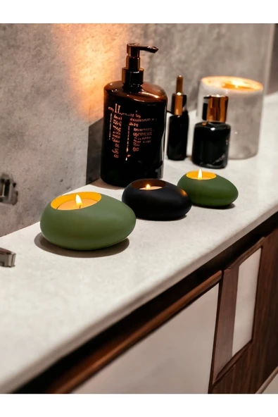 Three Drops Minimal Dekoratif Beton Tealight Mumluk 3'lü Set | Mint Yeşil-Siyah-Avokado | - 2