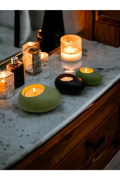 Three Drops Minimal Dekoratif Beton Tealight Mumluk 3'lü Set | Mint Yeşil-Siyah-Avokado | - 3