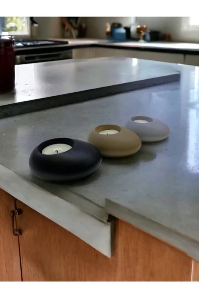 Three Drops Minimal Dekoratif Beton Tealight Mumluk 3'lü Set |Siyah-Vizon-Gri| - 3