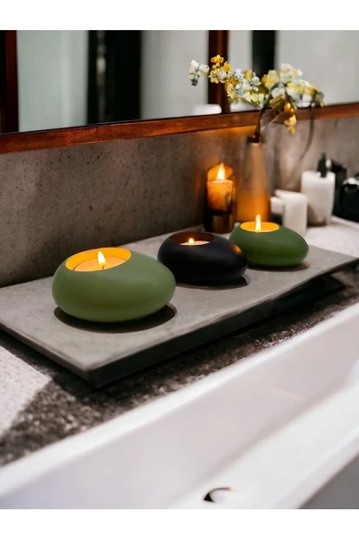 Three Drops Minimal Dekoratif Beton Tealight Mumluk 3'lü Set | Mint Yeşil-Siyah-Avokado |