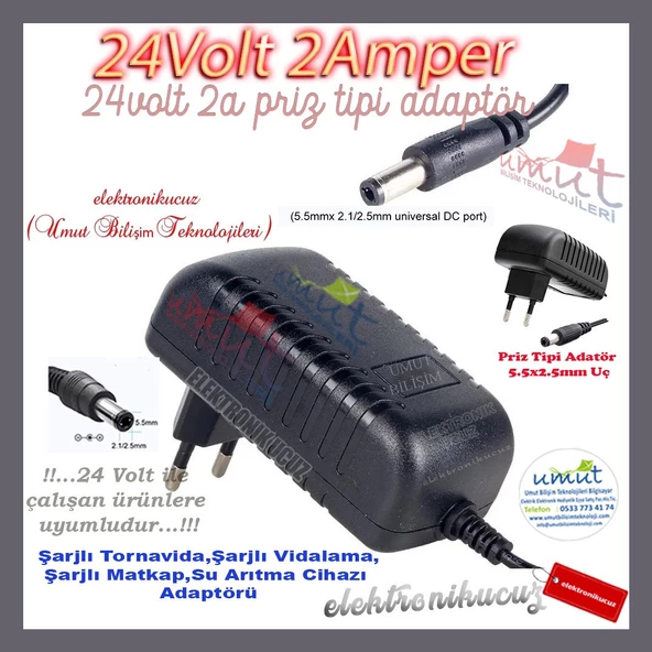 24V 2A Adaptör - 5.5X2.1mm-2.5mm Plastik Kasa Priz Tipi Adaptör - 24V 2A Adaptör Standart uç 5.5X2.5mm Plastik Kasa Priz Tipi Adaptör 24 Volt Adaptör 2 Amper