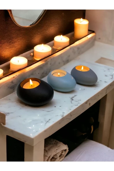 Three Drops Minimal Dekoratif Beton Tealight Mumluk 3'lü Set [ Siyah-Baby Blue-Gri ]