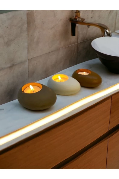 Three Drops Minimal Dekoratif Beton Tealight Mumluk 3'lü Set [ Vizon-Beyaz-Karamel ] - 2