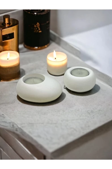 Drop&Spot Dekoratif Beton Tealight Mumluk 2'li Set Açık Beyaz