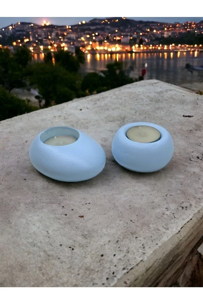 Drop&spot Minimal Dekoratif Beton Tealight Mumluk 2'li Set Baby Blue - 2