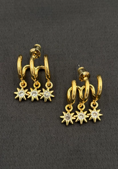 Çelik Gold Renk Üçlü Görünümlü Sallantılı Çiçekli Taşlı Kadın Küpe