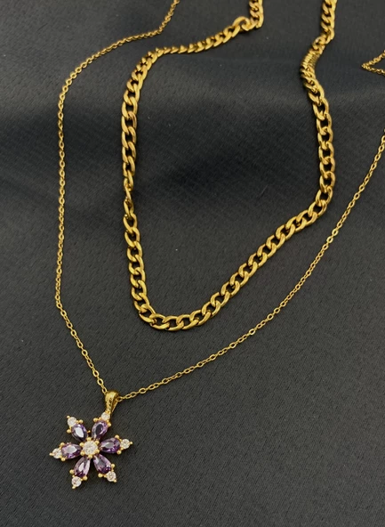 Çelik Gold Renk 2'li Lotus Kadın Kolye