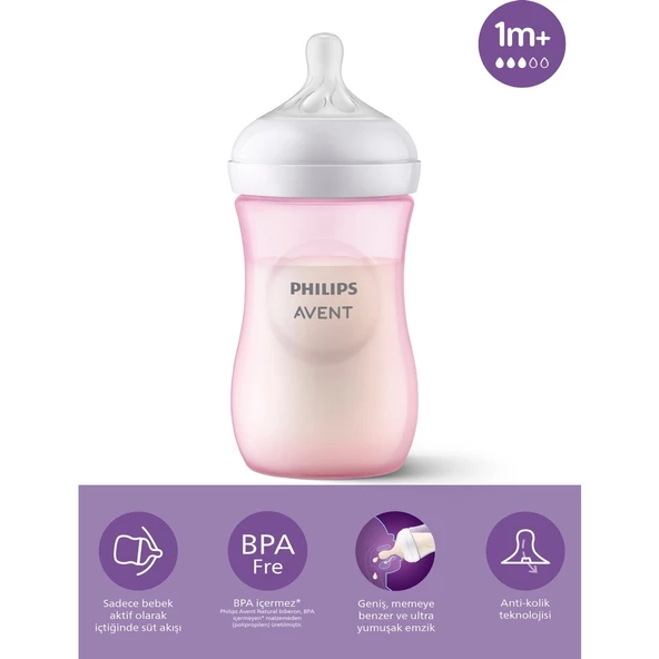 Philips Avent Natural Response PP Pembe Biberon 1+ Ay 260 ml SCY903/11 - Resim 3