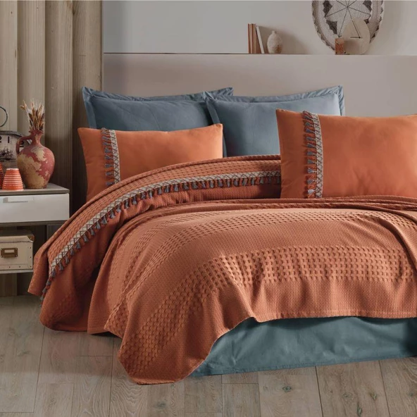 Butik Tek Kişilik Püsküllü Pike Takımı Bohamline V1 Kiremit - 3