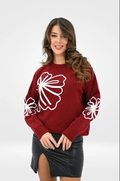 Kadın Çiçek Desenli Triko Kazak 0026 1004 - 8