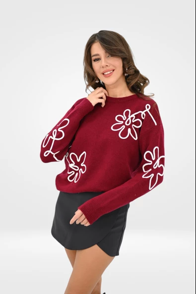 Kadın Çiçek Desenli Triko Kazak 0025 1003 - 10