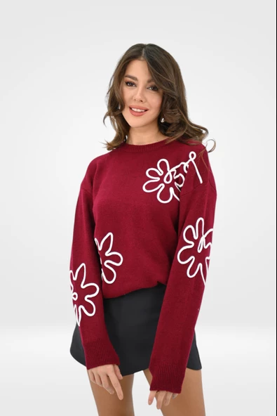 Kadın Çiçek Desenli Triko Kazak 0025 1003 - 8