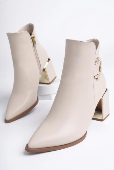 Muggo QADRA Garantili Sivri Burun Kalın Topuklu Toka Detaylı Fermuarlı Kadın Bot - 9