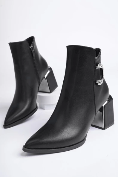 Muggo QADRA Garantili Sivri Burun Kalın Topuklu Toka Detaylı Fermuarlı Kadın Bot - 3