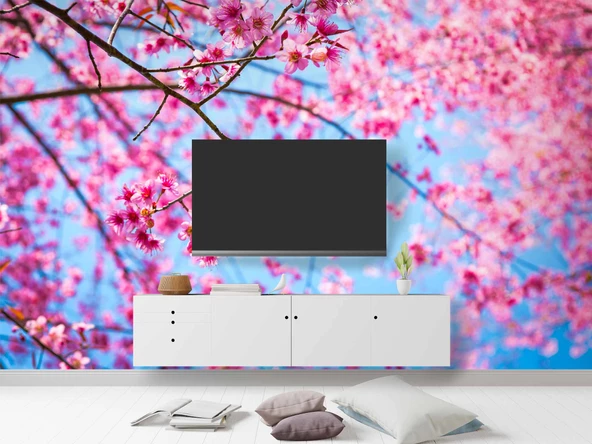Gökyüzü ve Pembe Çiçekli Ağaç Manzaralı Duvar Kağıdı - 3