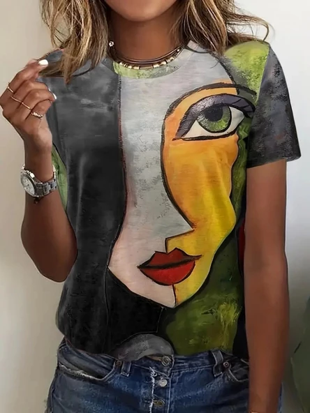 Kadın Kısa Kollu Yüz Baskılı Süprem T-shirt - Resim 3