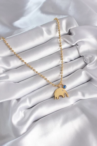 316L Çelik Gold Renk Top Zincir Model Fil Figür Nazar Boncuk Detay Kadın Kolye - TJ-BKO8342 - 2