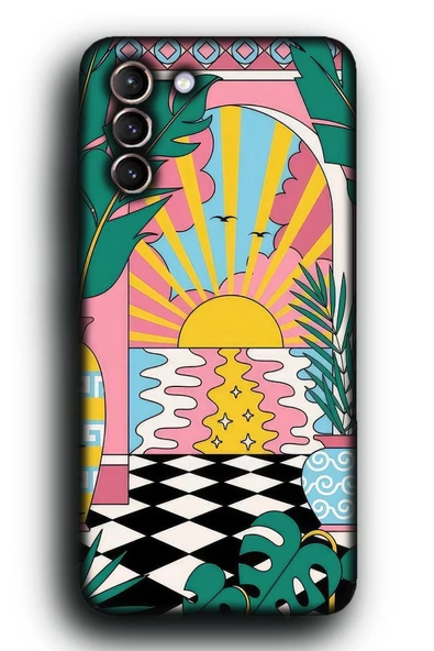 Galaxy S21 FE Uyumlu Lansman Telefon Kılıfı "Keyifli Art Deco Retro Cici Pembe Huzur Sanat"