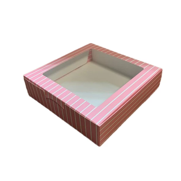 Pencereli Karton Kutu Çizgili Model 20X20X5 CM (10 Adet)  Pembe ürün görseli