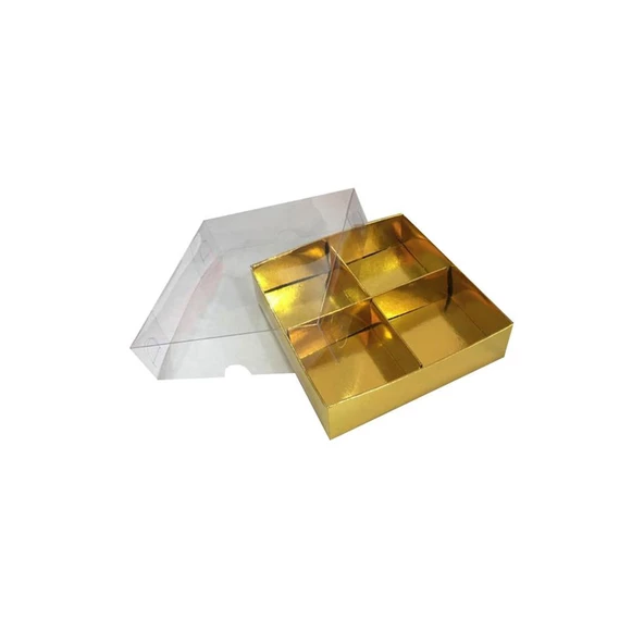 Asetat Kapaklı Karton Kutu 12x12x3 CM 4 Bölmeli Kutu (10 Adet)  Gold