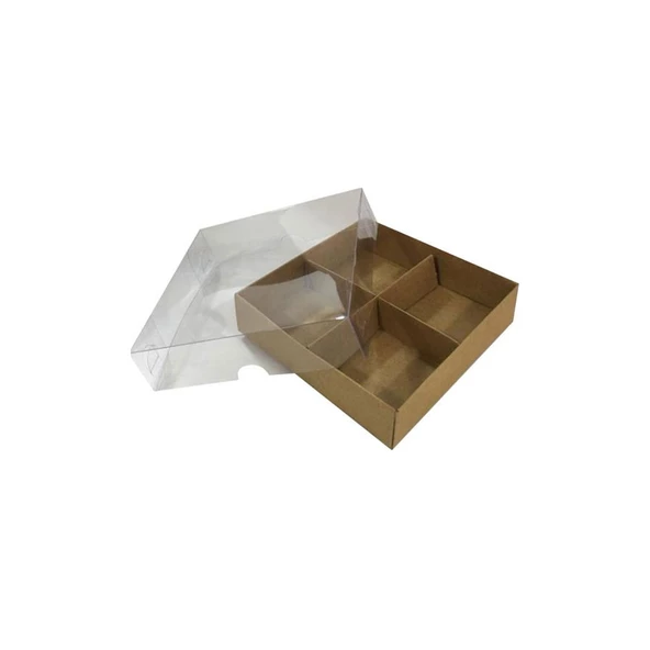 Asetat Kapaklı Karton Kutu 12x12x3 CM 4 Bölmeli Kutu (10 Adet)  Kraft