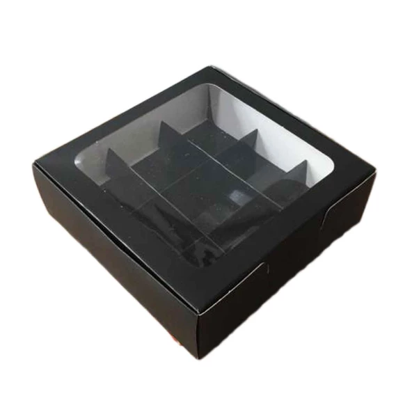 Asetat Pencereli Karton Kutu 15x15x5 CM 9 Bölmeli Kutu (10 Adet)  Siyah