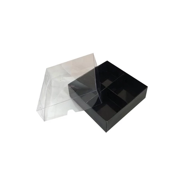 Asetat Kapaklı Karton Kutu 12x12x3 CM 4 Bölmeli Kutu (10 Adet)  Siyah