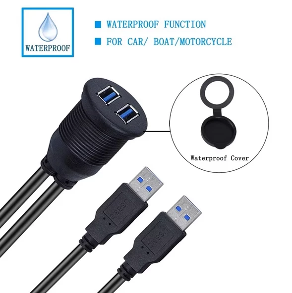 Gömme Montaj Panelli Çift USB 3.0 Erkek USB 3.0 Dişi USB Port ve Uzatma Kablosu- Araba Kamyon Tekne Motosiklet için - 2
