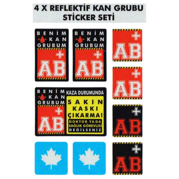 Çınar Extreme® AB Rh+ (Pozitif) Kaskımı Çıkartma Yazılı 7 Parçalı Reflektif Kan Grubu Sticker Seti