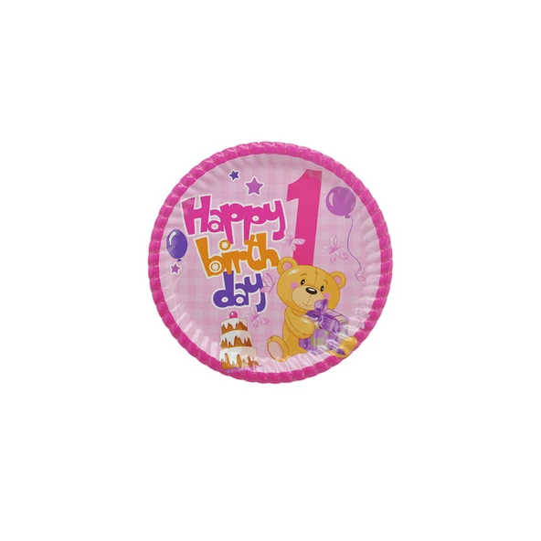 Tabak Karton 1 Yaş Happy Birthday Ayıcıklı 23 Cm (8 Adet)  Pembe