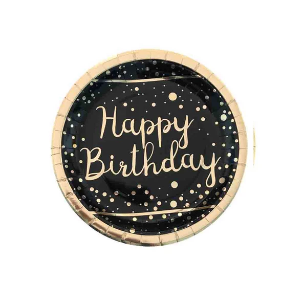 Karton Tabak Parlak Altın Varak Baskılı Happy Birthday (6 Adet)  Siyah