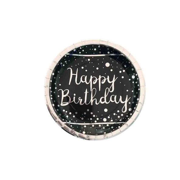 Karton Tabak Parlak Gümüş Varak Baskılı Happy Birthday (6 Adet)  Siyah