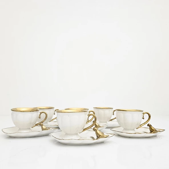 Sudedi Home Kuşlu Beyaz Gold Porselen 6 Kişilik Fincan Takımı KRD-3546 - 3
