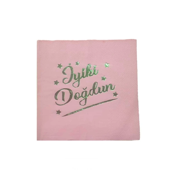 İyiki Doğdun Yazılı Kağıt Peçete Varaklı 33X33 CM  (16 Adet)  Pembe