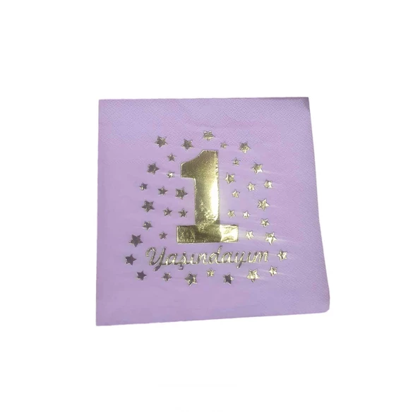 1 Yaşındayım Yazılı  Peçete Varaklı 33X33 CM  (16 Adet)  Pembe