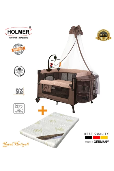 HOLMER Coolstyle (Anne Yanı -Deluxe Kumaş) Cibinlikli Dönenceli Oyun Parkı 70x110cm Bej + Aloevera Yatak