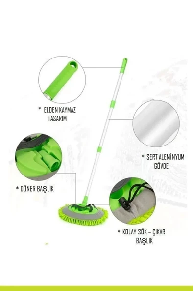 Çok Fonksiyonlu Teleskobik Saplı Mikrofiber Sihirli Araba Temizlik Mopu 1 yedek Mop Başlığı Hediye - 3