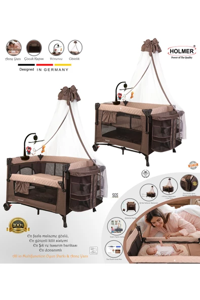 HOLMER Coolstyle (Anne Yanı -Deluxe Kumaş) Cibinlikli Dönenceli Oyun Parkı 70x110cm Bej + Aloevera Yatak - 2