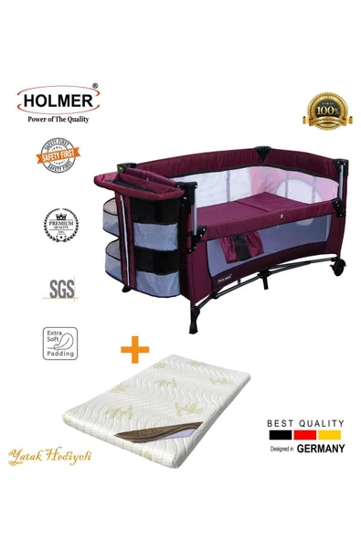 HOLMER Kids Maxi Comfort Coolstyle Anne Yanı Oyun Parkı/Beşik 70x110cm Mürdüm+Aloevera Yatak