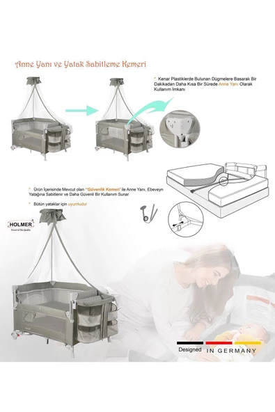 HOLMER Coolstyle Cibinlikli Anne Yanı Oyun Parkı 70x110cm Açık Gri+Aloevera Yatak - 4